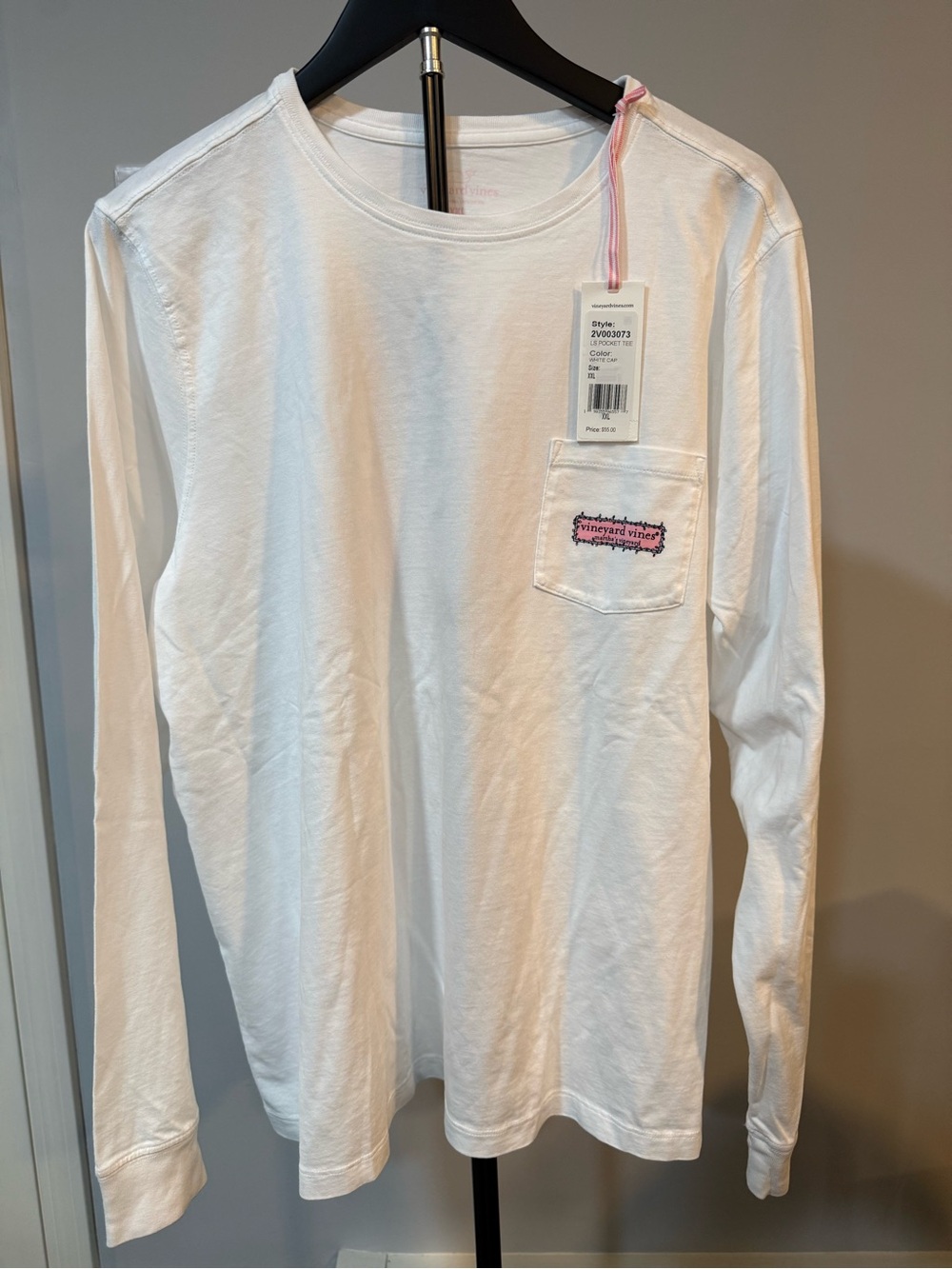 Vineyard Vines White Long-Sleeve Pocket Tee with Pink Logo NWT